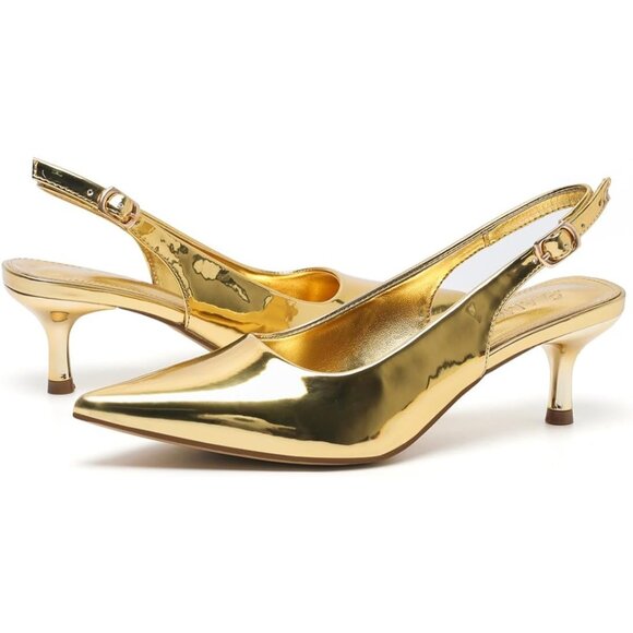 Amoji Women Gold-pu Polyurethane Low Kitten Heel Slingback Pointed Toe Sandals - Picture 3 of 8